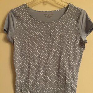 Ann Taylor Factory Blouse X-Small Short Sleeve Blue White Small Polka Dot Print